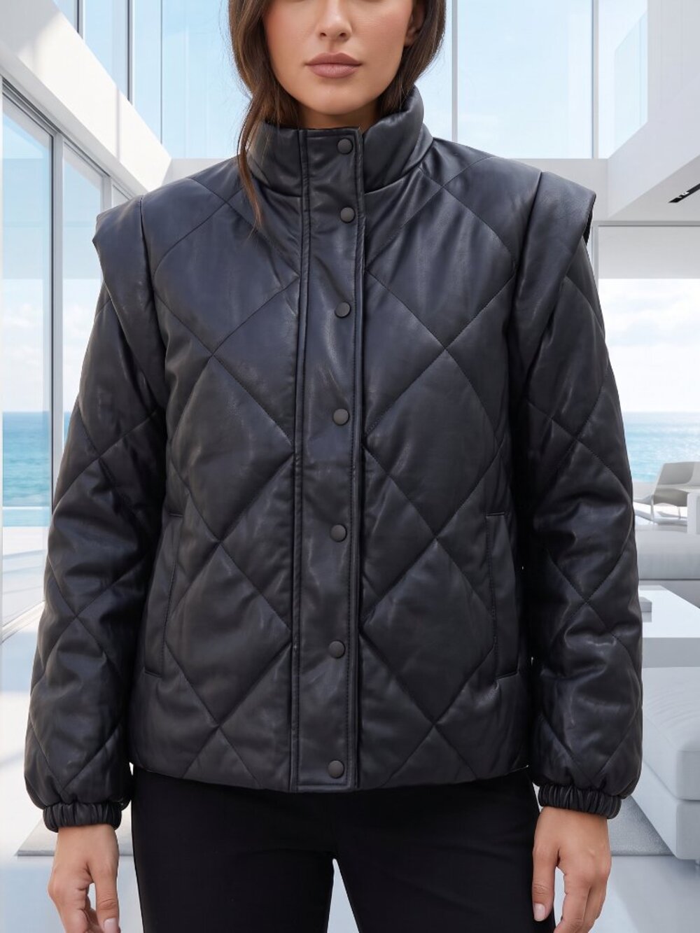 NWT $248 PISTOLA Callista puffer jacket removable sleeves black faux leather XL